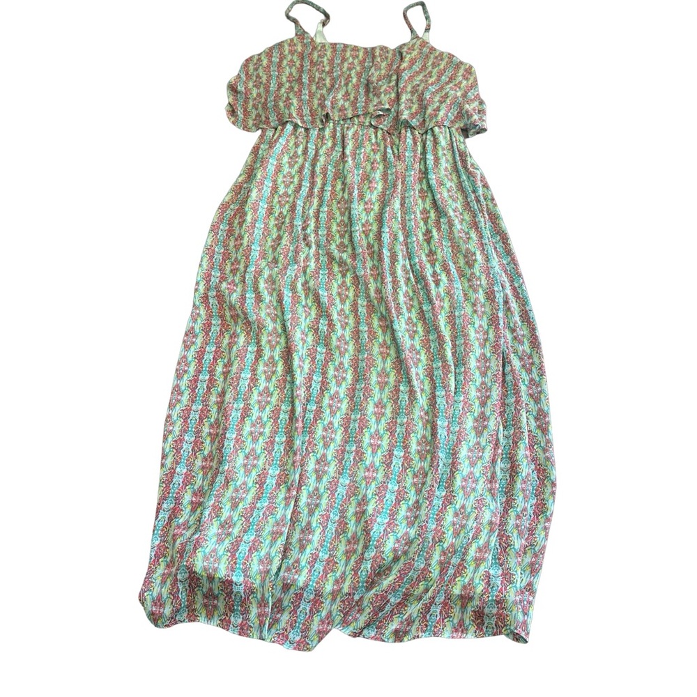 Green and Pink Maxi Dress with Elegant Ruffles